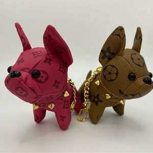 Monogram French Bulldog Keychain | Pink or Brown Plush Dog with Gold Chain